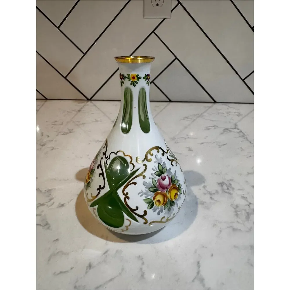 Cased glass vase white glass green panels hand-painted enamel florals antique